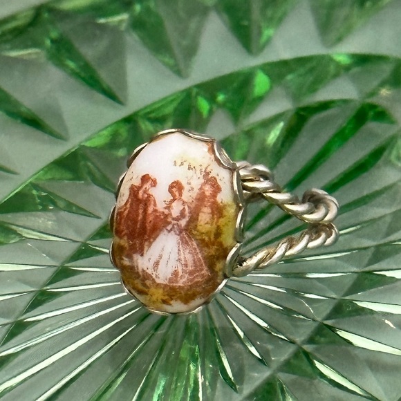 Vintage hand painted Victorian Scene ring